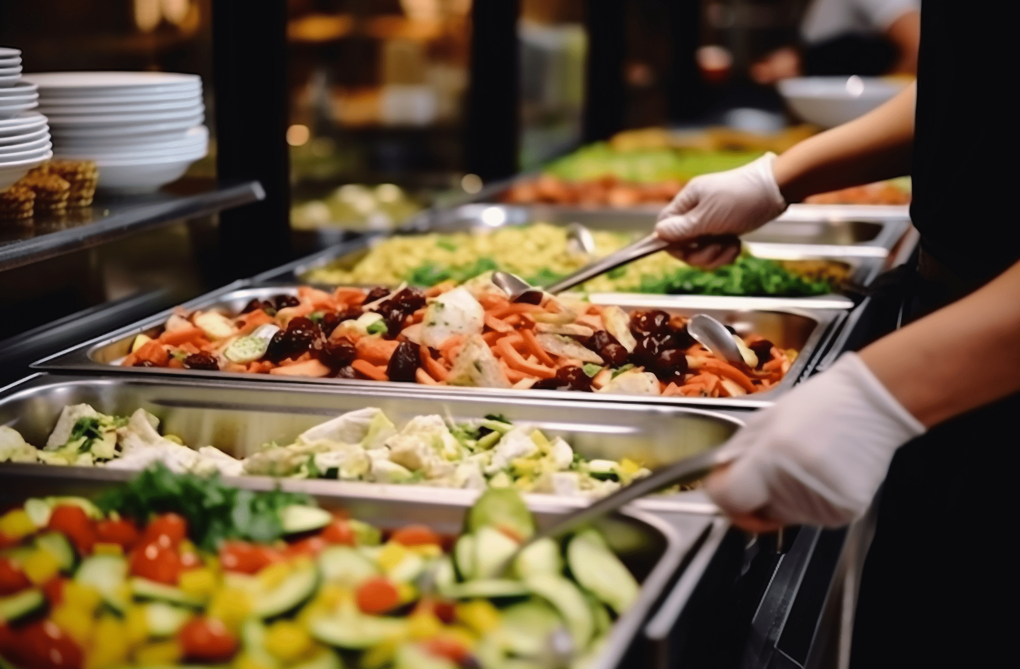 Pista quente de alimentação corporativa sendo servida.